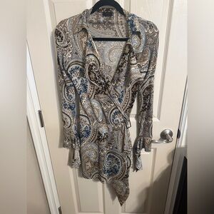 Aura Paisley Collared V Neck Long Sleeve Ruffle Dress, Blue & Brown